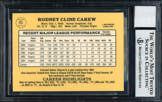 Rod Carew Autographed 1985 Donruss Card #85 California Angels Auto Grade 10 Beckett BAS Stock #186095