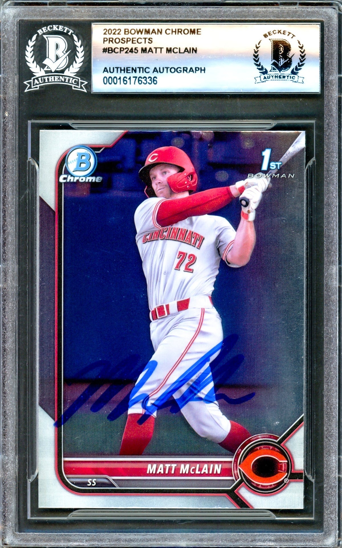 Matt McLain Autographed 2022 1st Bowman Chrome Rookie Card #BCP245 Cincinnati Reds Beckett BAS Stock #221197