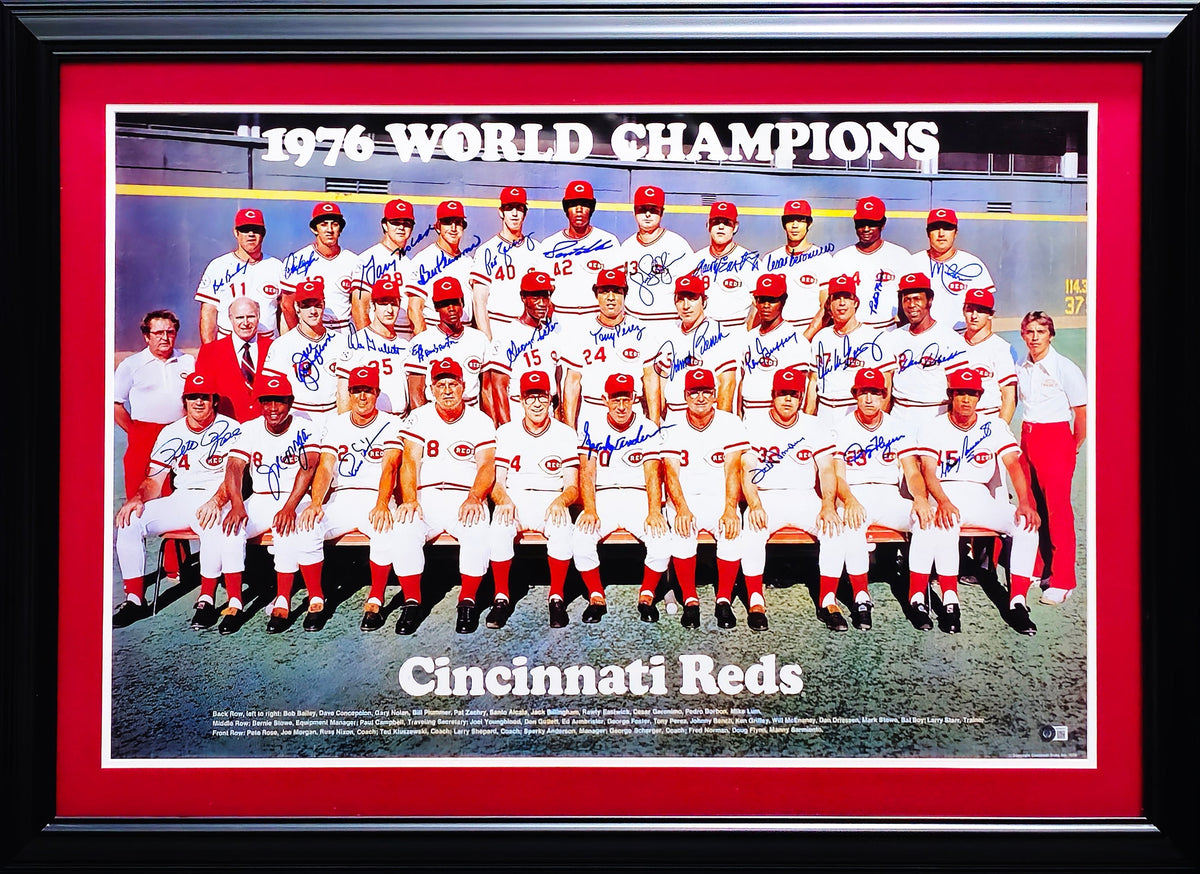 1976 Cincinnati Reds Big Red Machine Team Autographed Framed 24x36 Poster With 27 Signatures Including Johnny Bench & Pete Rose Beckett BAS