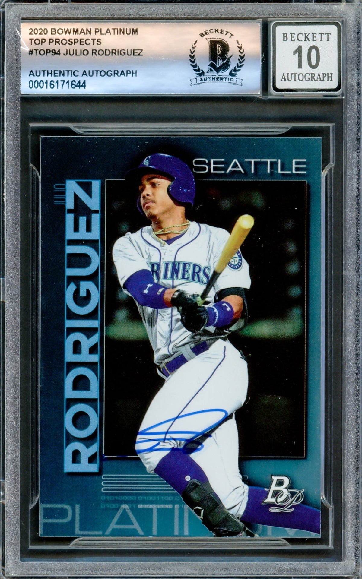 Julio Rodriguez Autographed 2020 Bowman Platinum Rookie Card #TOP94 Seattle Mariners Auto Grade Gem Mint 10 Beckett BAS #16171644
