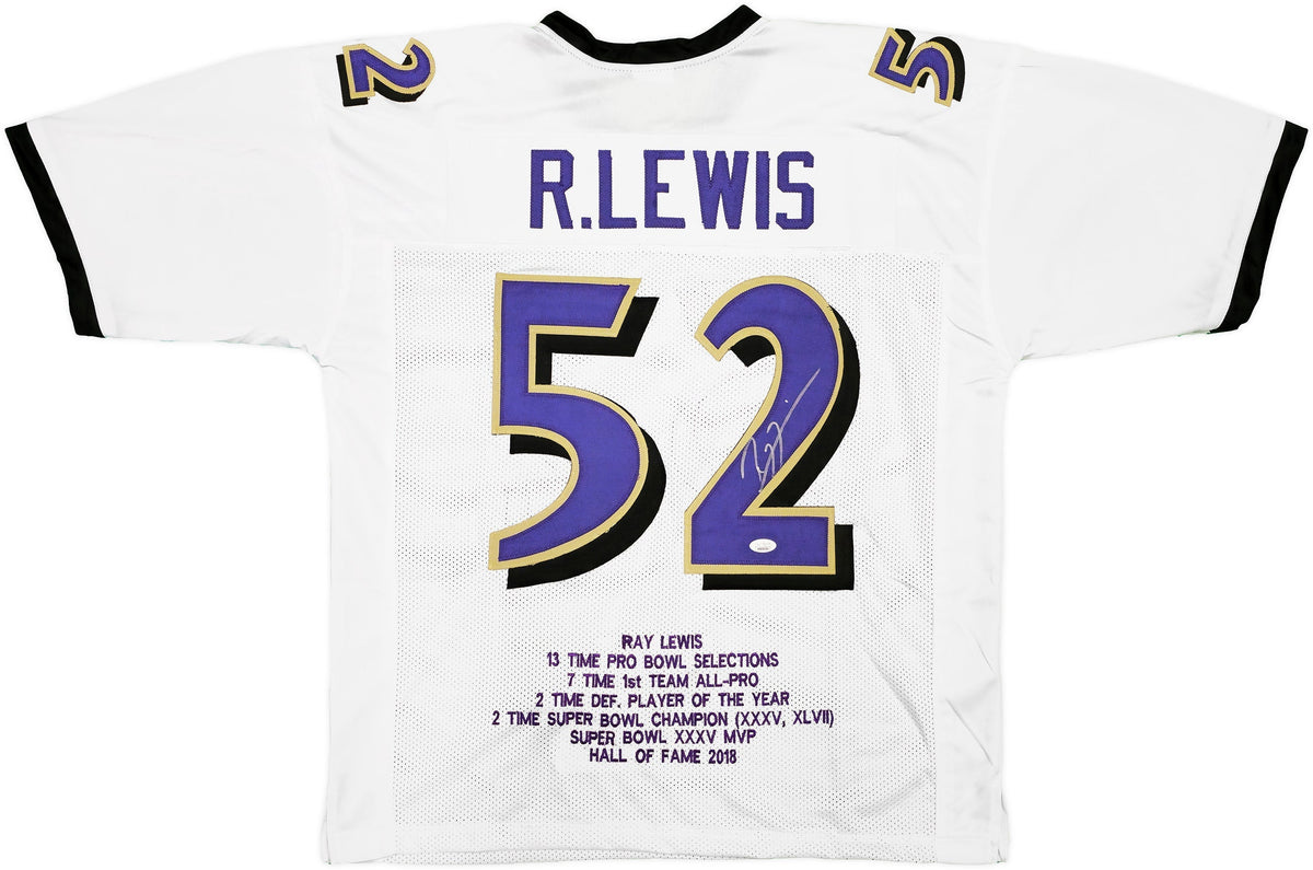 Baltimore Ravens Ray Lewis Autographed White Football Jersey With Stats JSA