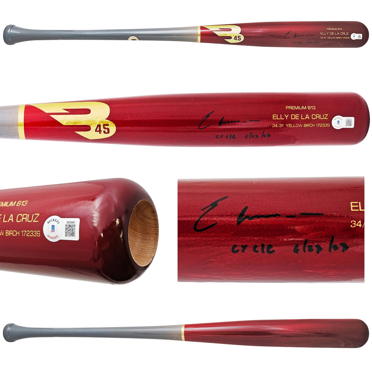 Elly De La Cruz Autographed Red B45 Player Model Bat Cincinnati Reds "Cycle 6/23/23" Beckett BAS Witness Stock #220218