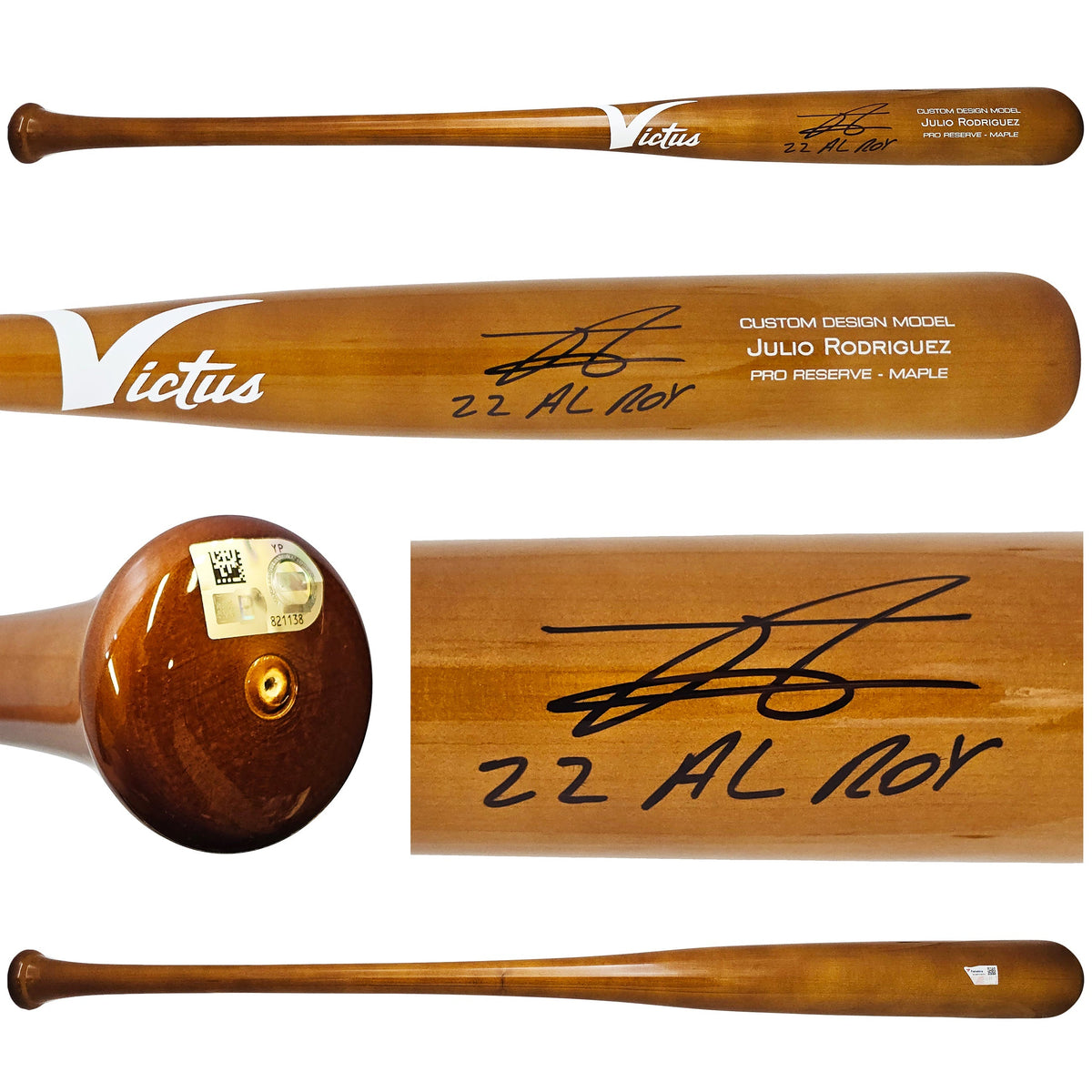 Julio Rodriguez Autographed Brown Victus Pro Reserve Maple Bat Seattle Mariners "22 AL ROY" Fanatics and MLB Holo Stock #220500