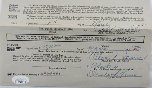 Ralph Kiner Signed Auto Contract JSA CF42580