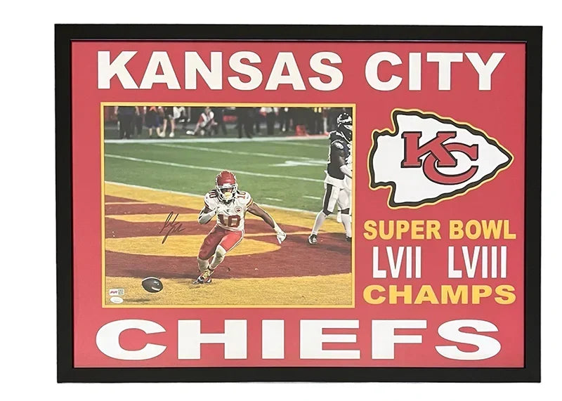 Isiah Pacheco Signed Kansas City Framed Football 28x38 Photo (JSA)