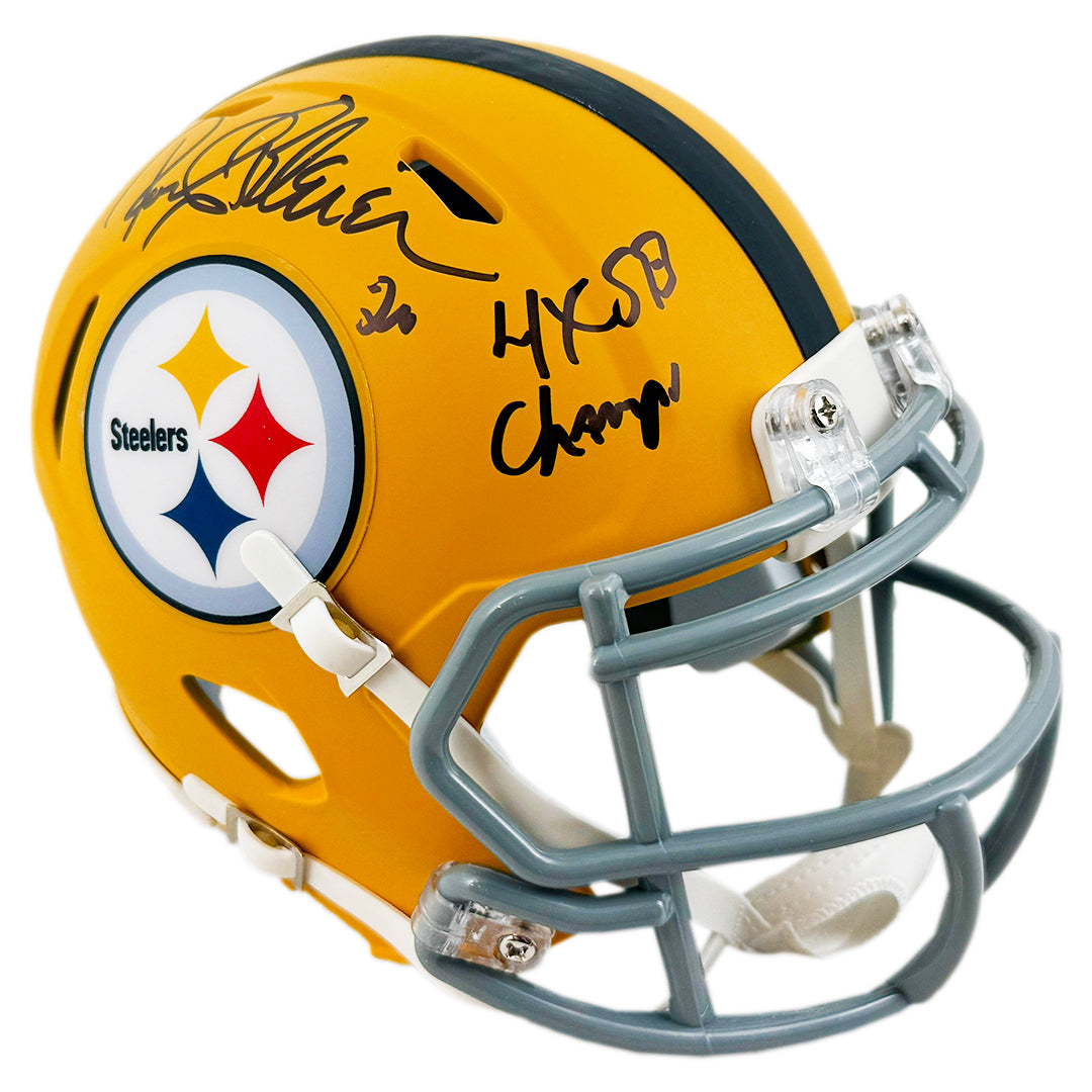 Rocky Bleier Signed 4x SB Champs Inscription Pittsburgh Steelers Alt 2025 Speed Mini Football Helmet (JSA)