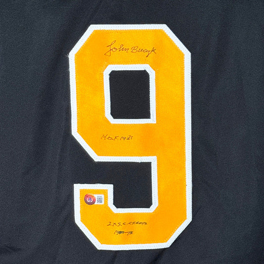 John Bucyk Signed HOF 1981 - 2x SC Champs Inscription Boston Black Hockey Jersey (Beckett)