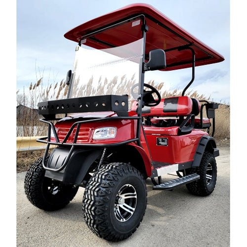 New 48v Electric Golf Cart Lifted & Loaded eMACHINE – RED Street Ready Light Package & Flip Seat
