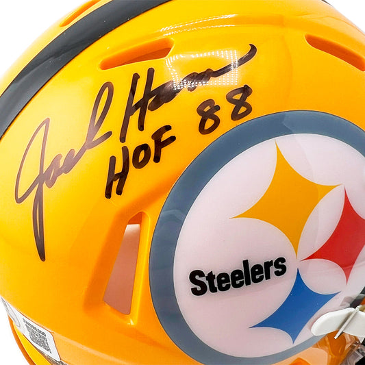 Jack Ham Signed HOF 88 Inscription Pittsburgh Steelers Throwback Gold Speed Mini Football Helmet (JSA)