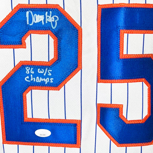 Danny Heep Signed 86 WS Champs Inscription New York Pinstripe Baseball Jersey (JSA)