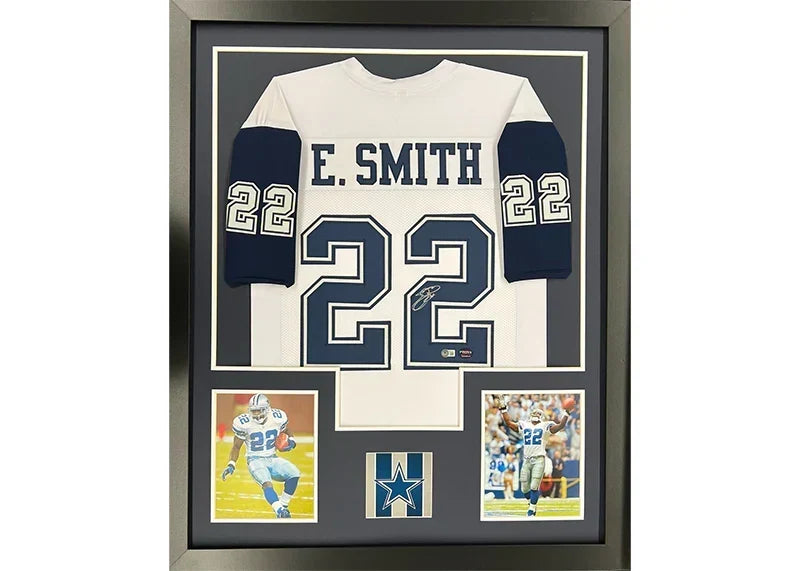 Emmitt Smith Signed Dallas Framed Football Jersey 35x44 (Beckett)