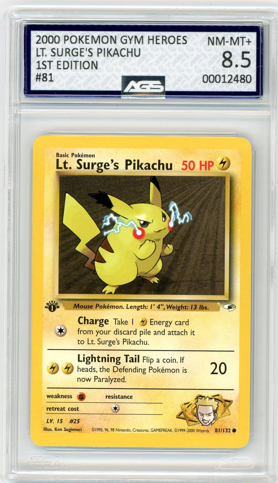 AGS (NM-MT+ 8.5) Lt. Surge's Pikachu #81 - Gym Heroes (#00012480)
