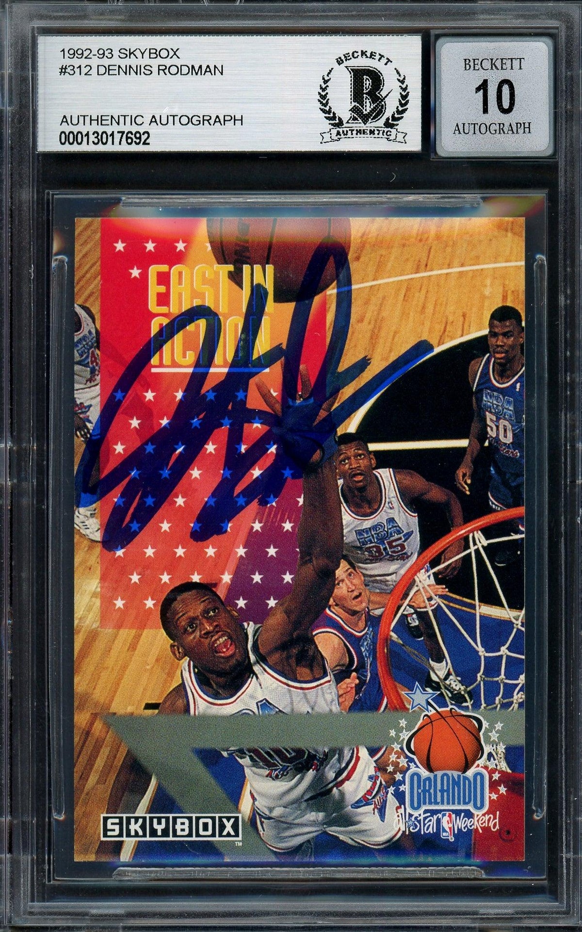 Dennis Rodman Autographed 1992-93 Skybox Card #312 Detroit Pistons Auto Grade Gem Mint 10 Beckett BAS Stock #194571