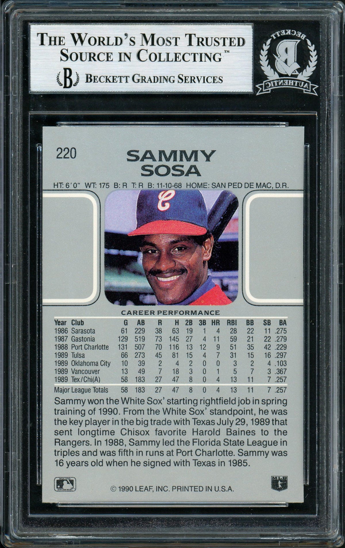 Sammy Sosa Autographed 1990 Leaf Rookie Card #220 Chicago White Sox Beckett BAS Stock #177672