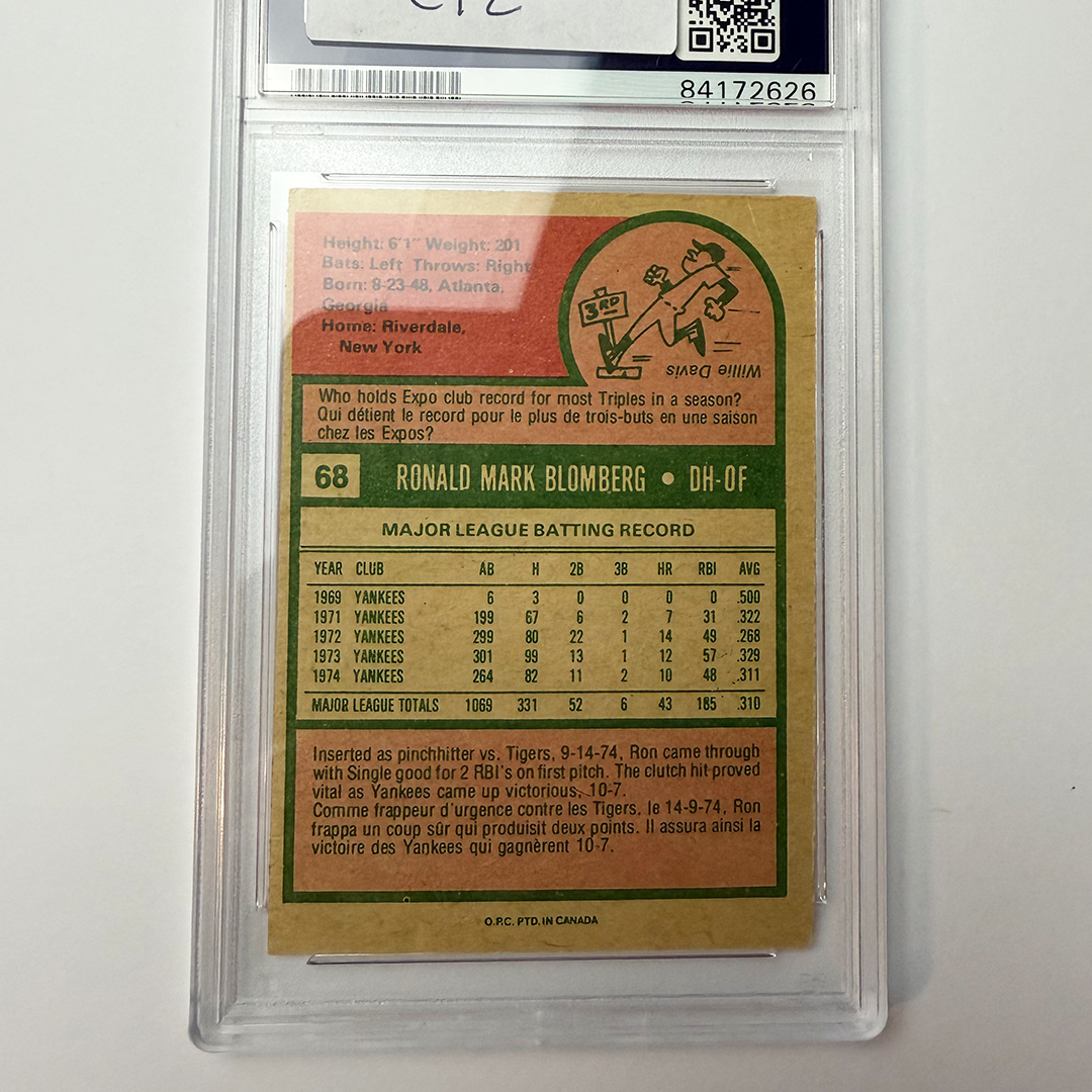 Ron Blomberg Signed 1975 OPC #68 Yankees 1st ML DH 4/6/73 PSA Auto Authentic