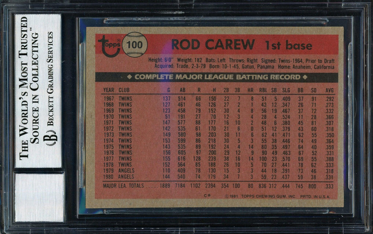 Rod Carew Autographed 1981 Topps Card #100 California Angels Auto Grade 10 Beckett BAS Stock #186043