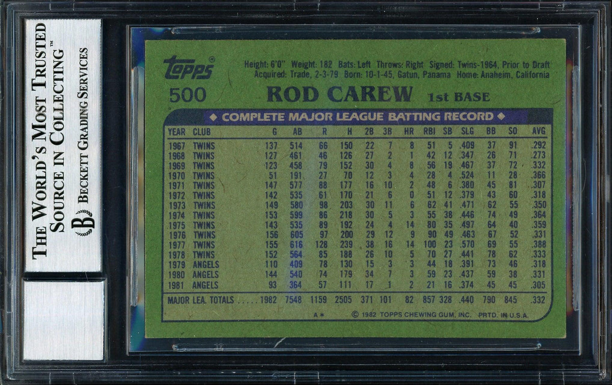 Rod Carew Autographed 1982 Topps Card #500 California Angels Auto Grade 10 Beckett BAS Stock #186051
