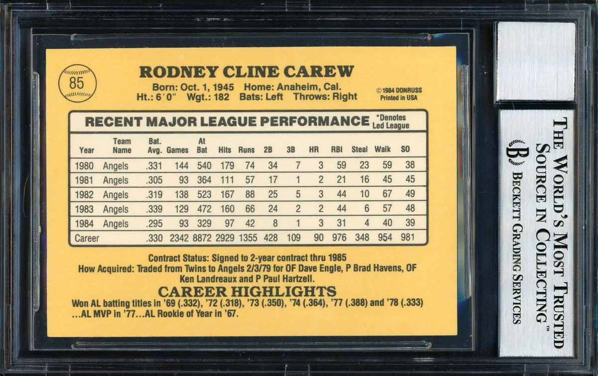 Rod Carew Autographed 1985 Donruss Card #85 California Angels Auto Grade 10 Beckett BAS Stock #186095