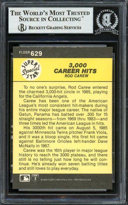 Rod Carew Autographed 1986 Fleer Card #629 California Angels Beckett BAS Stock #193246