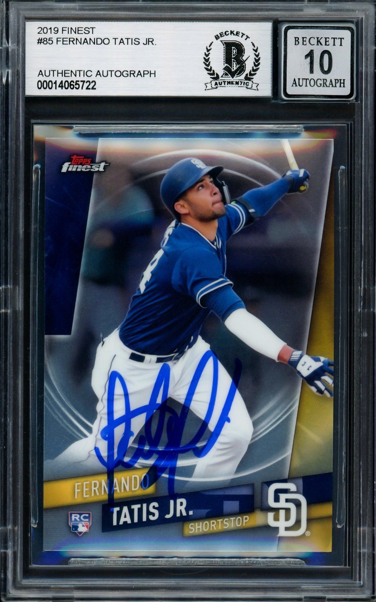 Fernando Tatis Jr. Autographed 2019 Topps Finest Rookie Card #85 San Diego Padres Auto Grade Gem Mint 10 Beckett BAS Stock #202920