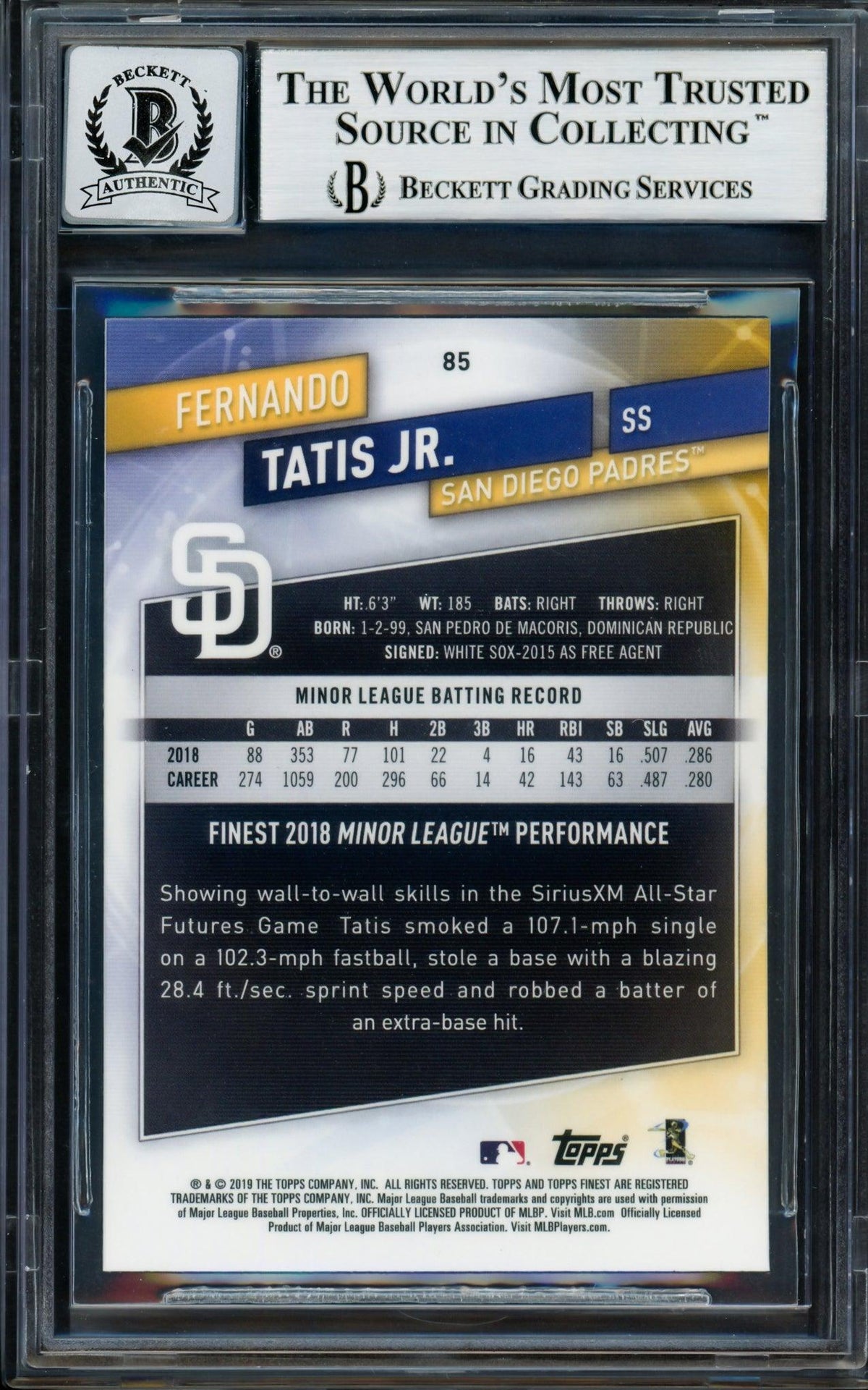 Fernando Tatis Jr. Autographed 2019 Topps Finest Rookie Card #85 San Diego Padres Auto Grade Gem Mint 10 Beckett BAS Stock #202920
