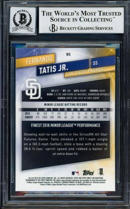 Fernando Tatis Jr. Autographed 2019 Topps Finest Rookie Card #85 San Diego Padres Auto Grade Gem Mint 10 Beckett BAS Stock #202920