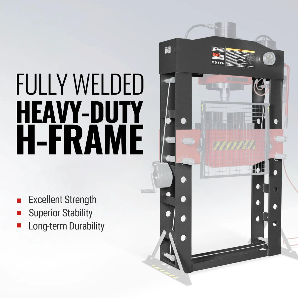 100 Ton H-Frame Air/Hydraulic Shop Press with Hand Winch,  Fully Welded Steel Frame,  Safety Guard,  Foot Pedal Control,  HSP100