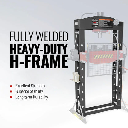 50 Ton H-Frame Air/Hydraulic Shop Press with Hand Winch & Press Pin Kit,  Fully Welded Steel Frame,  Safety Guard,  Foot Pedal Control,  HSP50