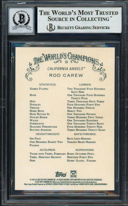Rod Carew Autographed 2020 Topps Allen & Ginter Card #10 California Angels Auto Grade Gem Mint 10 Beckett BAS Stock #192837
