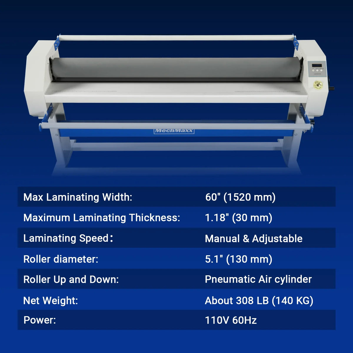 63" Wide Format Pneumatic Laminator Manual Cold Laminating Machine 60" Max Laminating Width,Pneumatic Roller Lift Portable Stand Included, 0.78" Max Thickness (Requires Air Compressor, Not Included) 1600-C2
