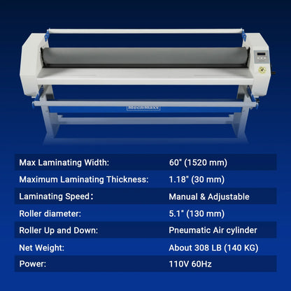 63" Wide Format Pneumatic Laminator Manual Cold Laminating Machine 60" Max Laminating Width,Pneumatic Roller Lift Portable Stand Included, 0.78" Max Thickness (Requires Air Compressor, Not Included) 1600-C2