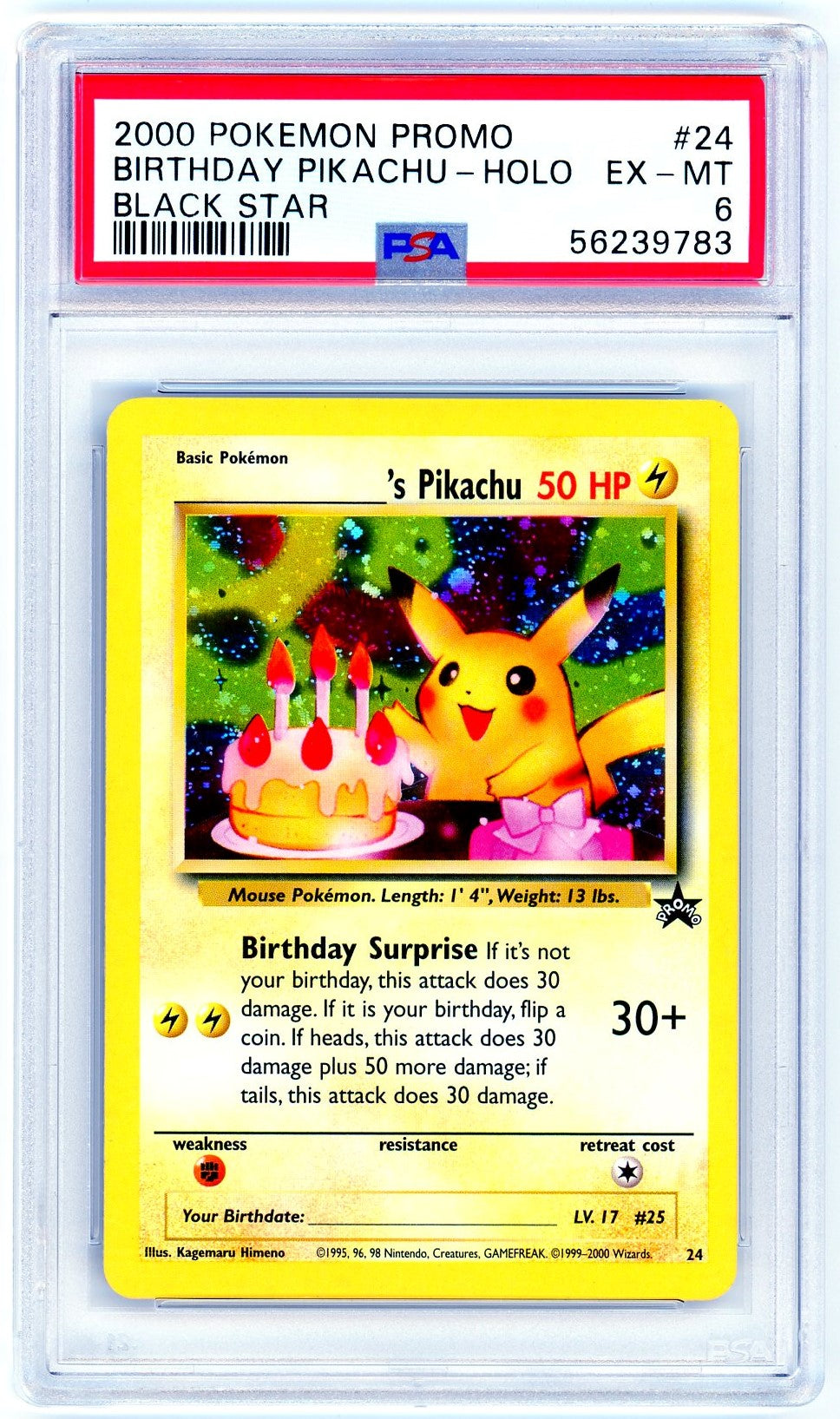 PSA (EX-MT 6) Birthday Pikachu-Holo #24 - Pokemon Promo Black Star (56239783)