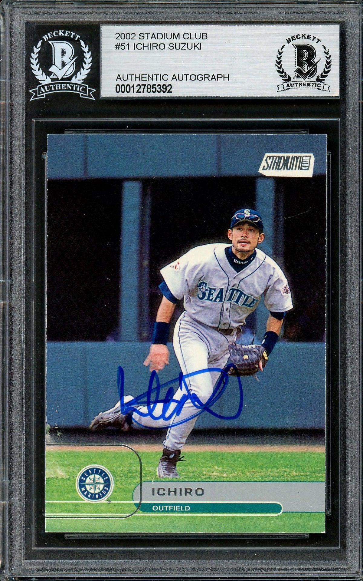 Ichiro Suzuki Autographed 2002 Topps Stadium Club Card #51 Seattle Mariners Beckett BAS Stock #194205