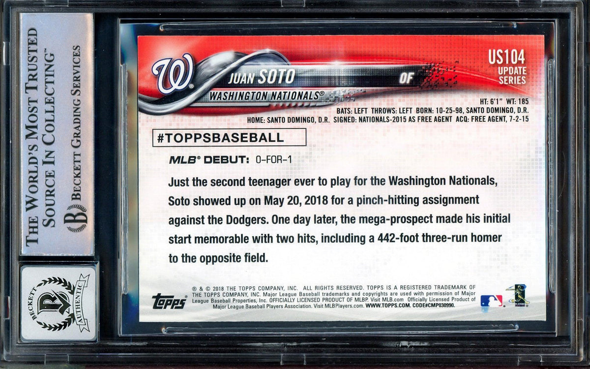 Juan Soto Autographed 2018 Topps Update Rookie Card #US104 Washington Nationals Auto Grade Gem Mint 10 Beckett BAS Stock #205933