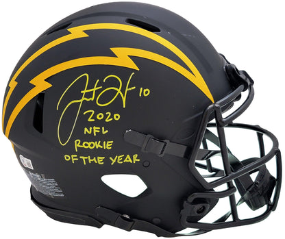 Justin Herbert Autographed Los Angeles Chargers Eclipse Black Full Size Authentic Speed Helmet "2020 NFL Rookie Of The Year" (Scuffed) Beckett BAS Witness Stock #206931