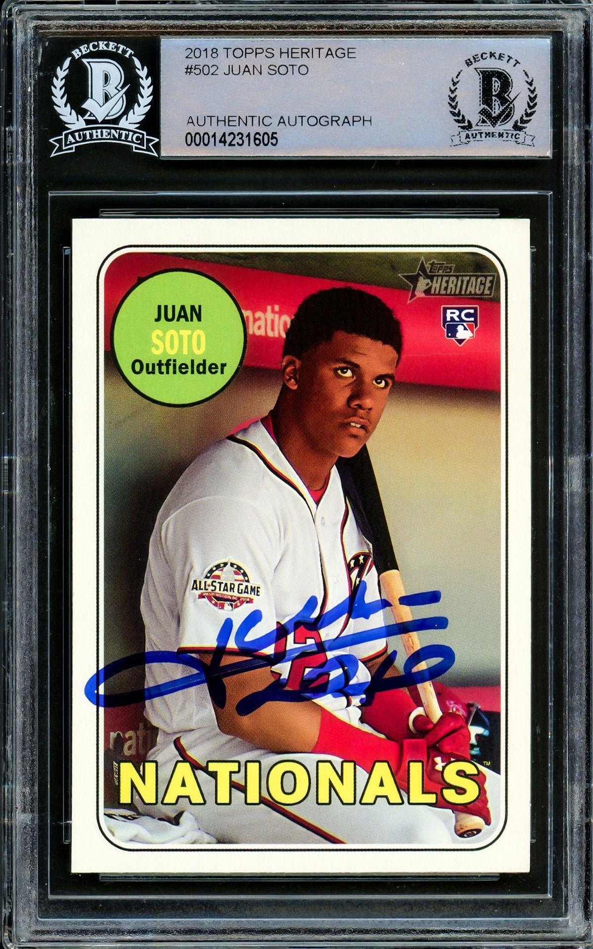 Juan Soto Autographed 2018 Topps Heritage Rookie Card #502 Washington Nationals Beckett BAS Stock #206609
