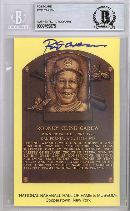 Rod Carew Autographed HOF Plaque Postcard Twins, Angels Beckett BAS Stock #120999