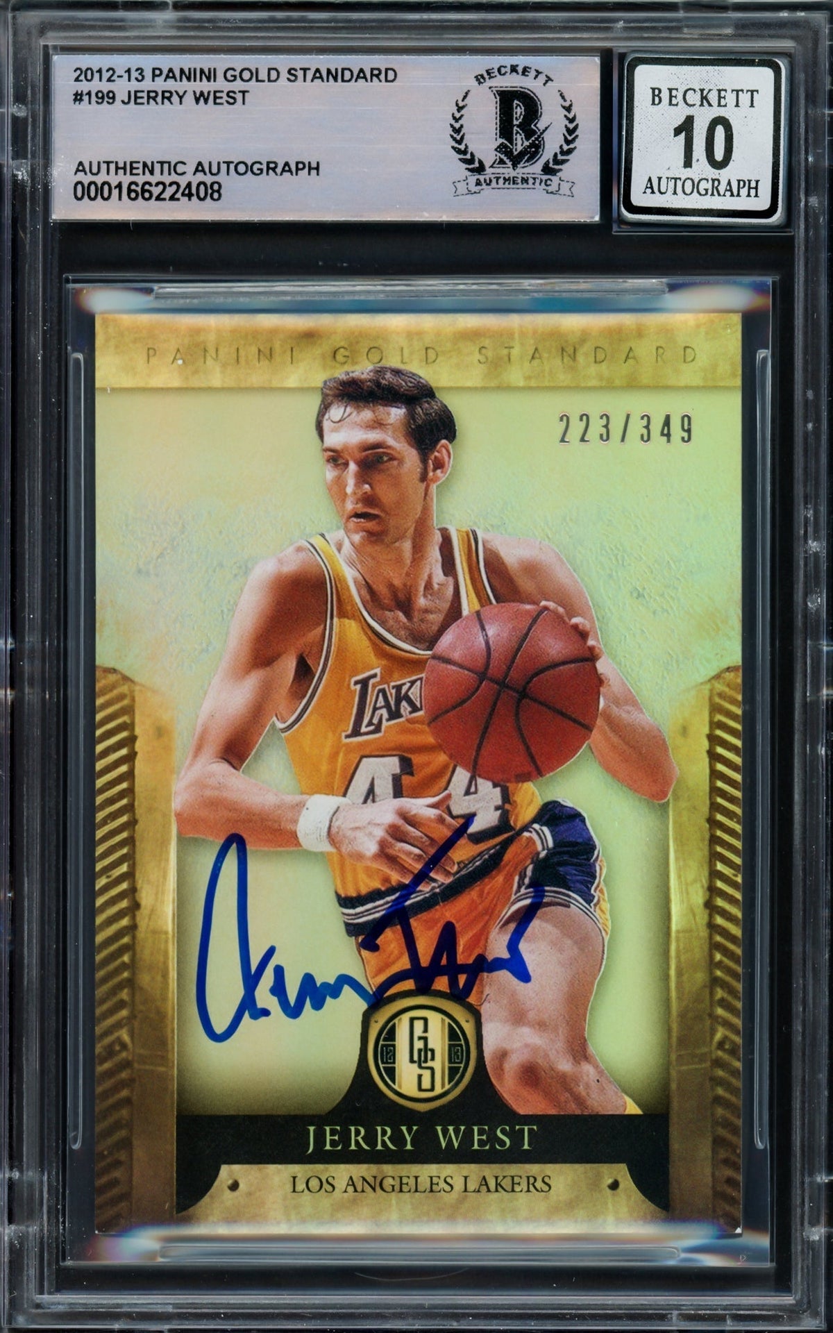 Jerry West Autographed 2012-13 Panini Gold Standard Card #199 Card Los Angeles Lakers Auto Grade Gem Mint 10 #/349 Beckett BAS
