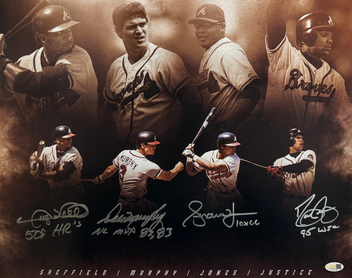 Atlanta Braves Greats Sheffield, Murphy, Jones, Justice Signed Multi-Inscription Pose 2 16x20 Photo (JSA)
