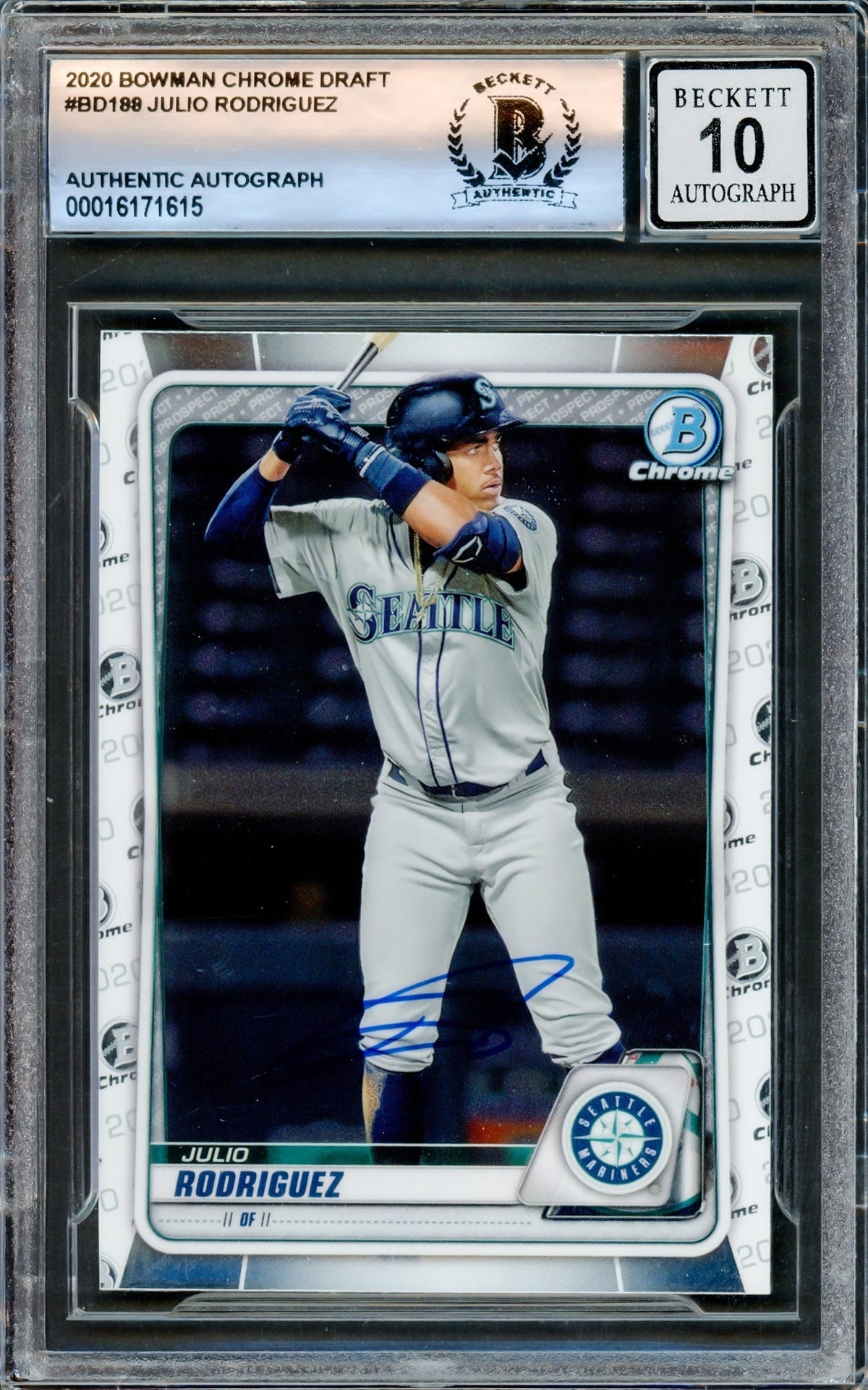 Julio Rodriguez Autographed 2020 Bowman Chrome Draft Card #BD188 Seattle Mariners Auto Grade Gem Mint 10 Beckett BAS Stock #220787