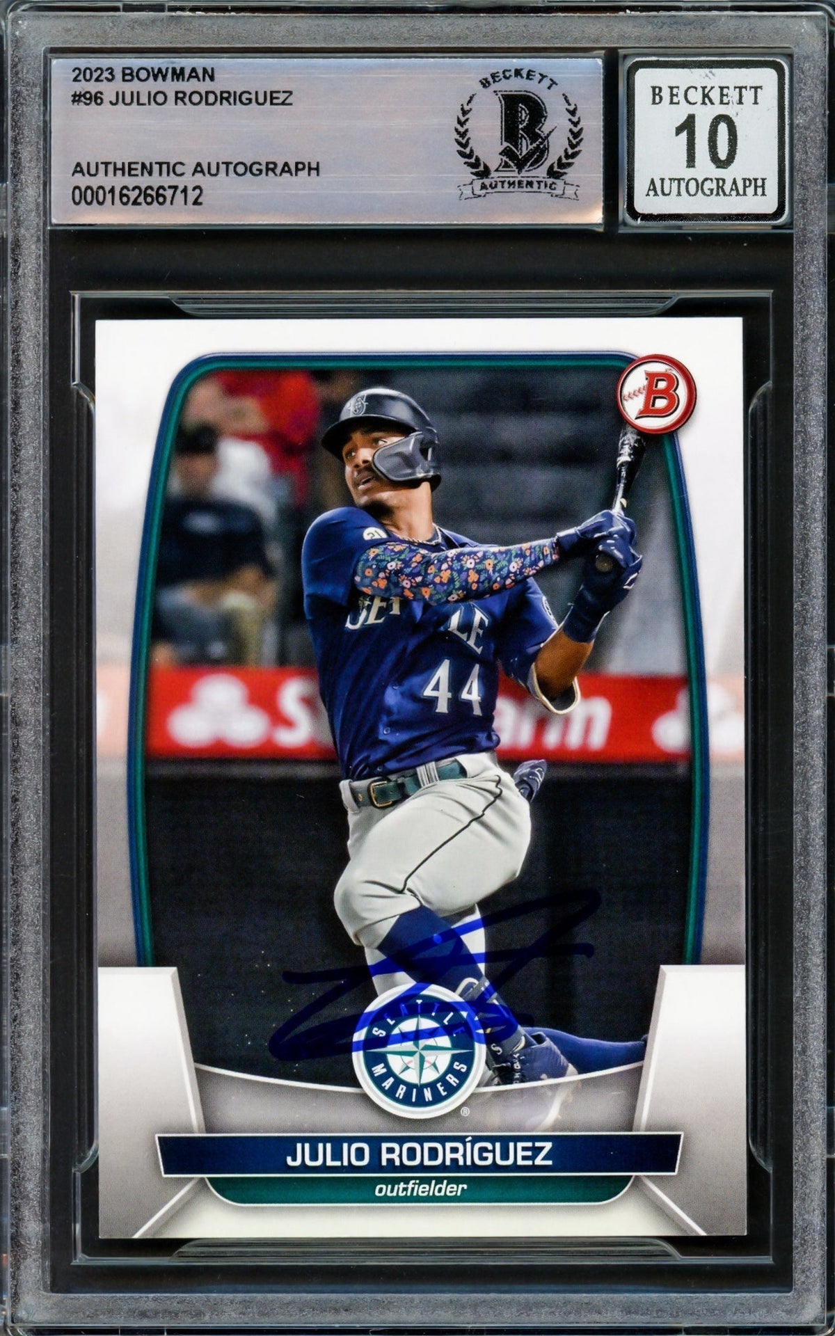 Julio Rodriguez Autographed 2023 Bowman Card #96 Seattle Mariners Auto Grade Gem Mint 10 Beckett BAS Stock #221313