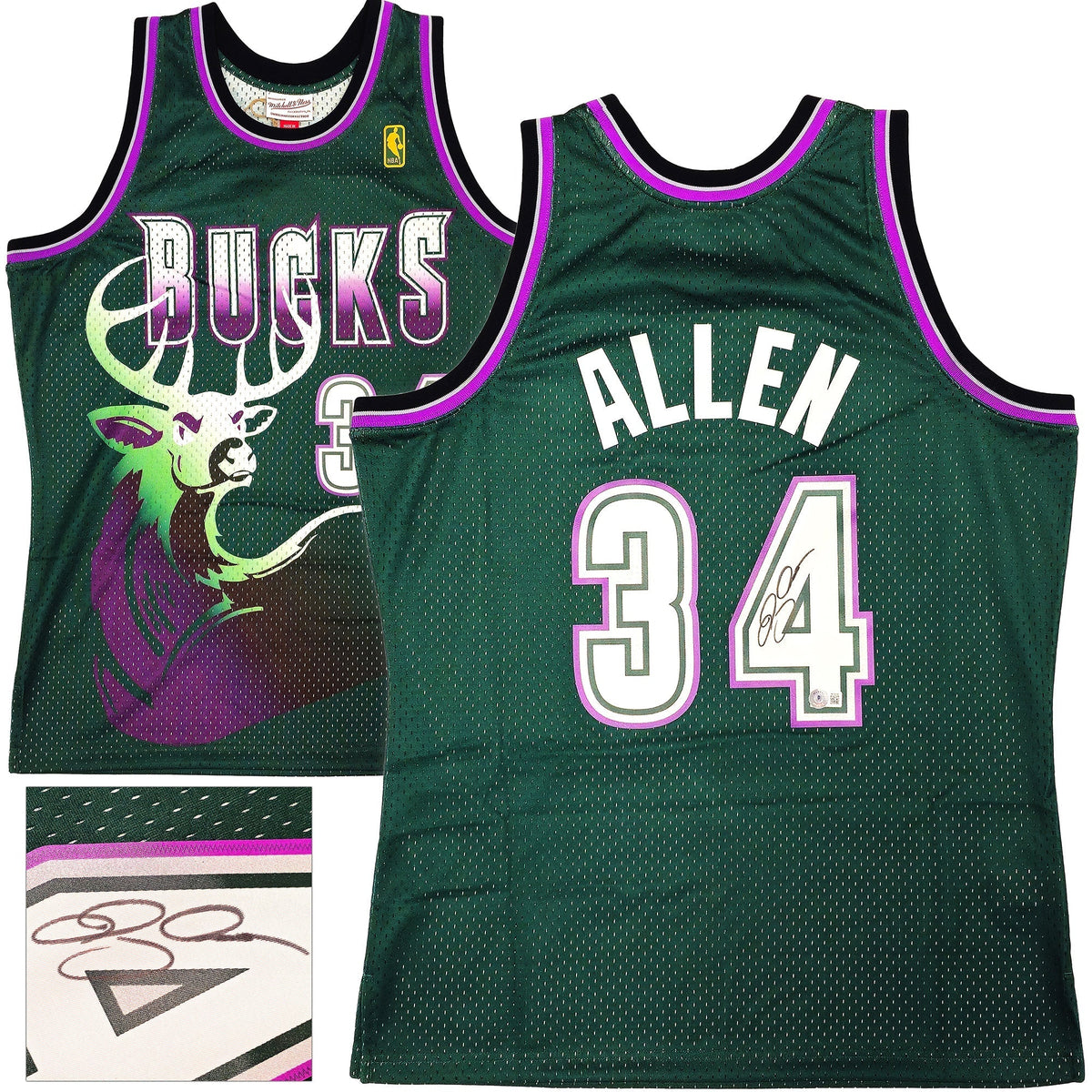 Milwaukee Bucks Ray Allen Autographed Green Authentic Mitchell & Ness 1996-97 Ray Allen HWC Swingman Jersey Size L Beckett BAS Witness