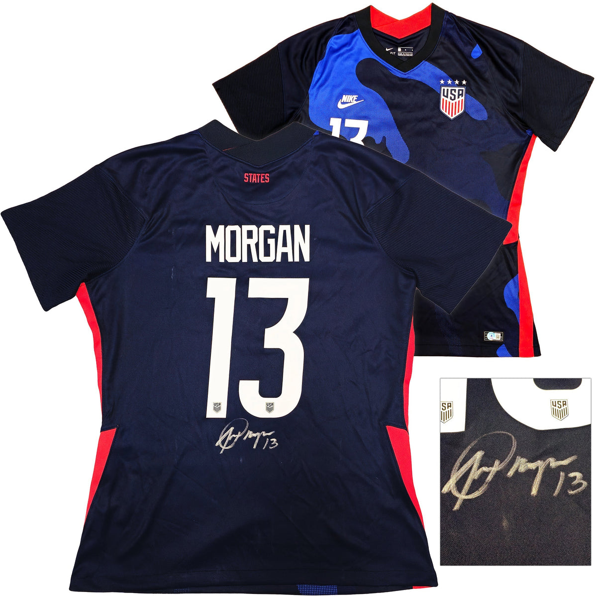 Team USA Alex Morgan Autographed Dark Blue Nike Jersey Womens Size L Beckett BAS Witness