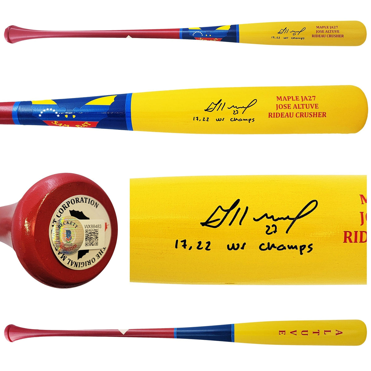 Jose Altuve Autographed Yellow Sam Player Model Bat Houston Astros "17, 22 WS Champs" Beckett BAS Witness Stock #210116