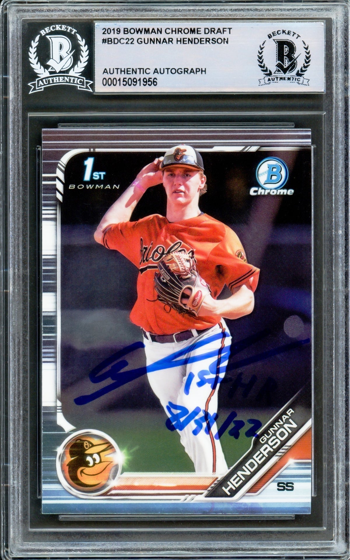 Gunnar Henderson Autographed 2019 Bowman Draft Chrome Rookie Card #BDC-22 Baltimore Orioles "1st HR 8/31/22" Beckett BAS Stock #210839