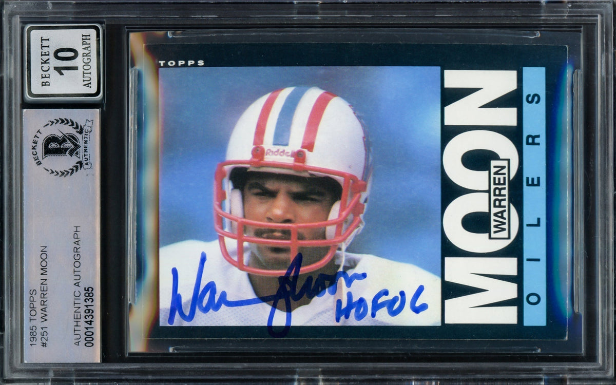 Warren Moon Autographed 1985 Topps Rookie Card #251 Houston Oilers Auto Grade Gem Mint 10 "HOF 06" Beckett BAS Stock #211225