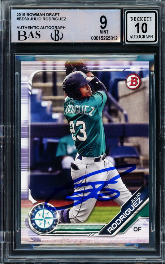 Julio Rodriguez Autographed 2019 Bowman Draft Rookie Card #BD60 Seattle Mariners BGS 9 Auto Grade Gem Mint 10 Beckett BAS Stock #211845
