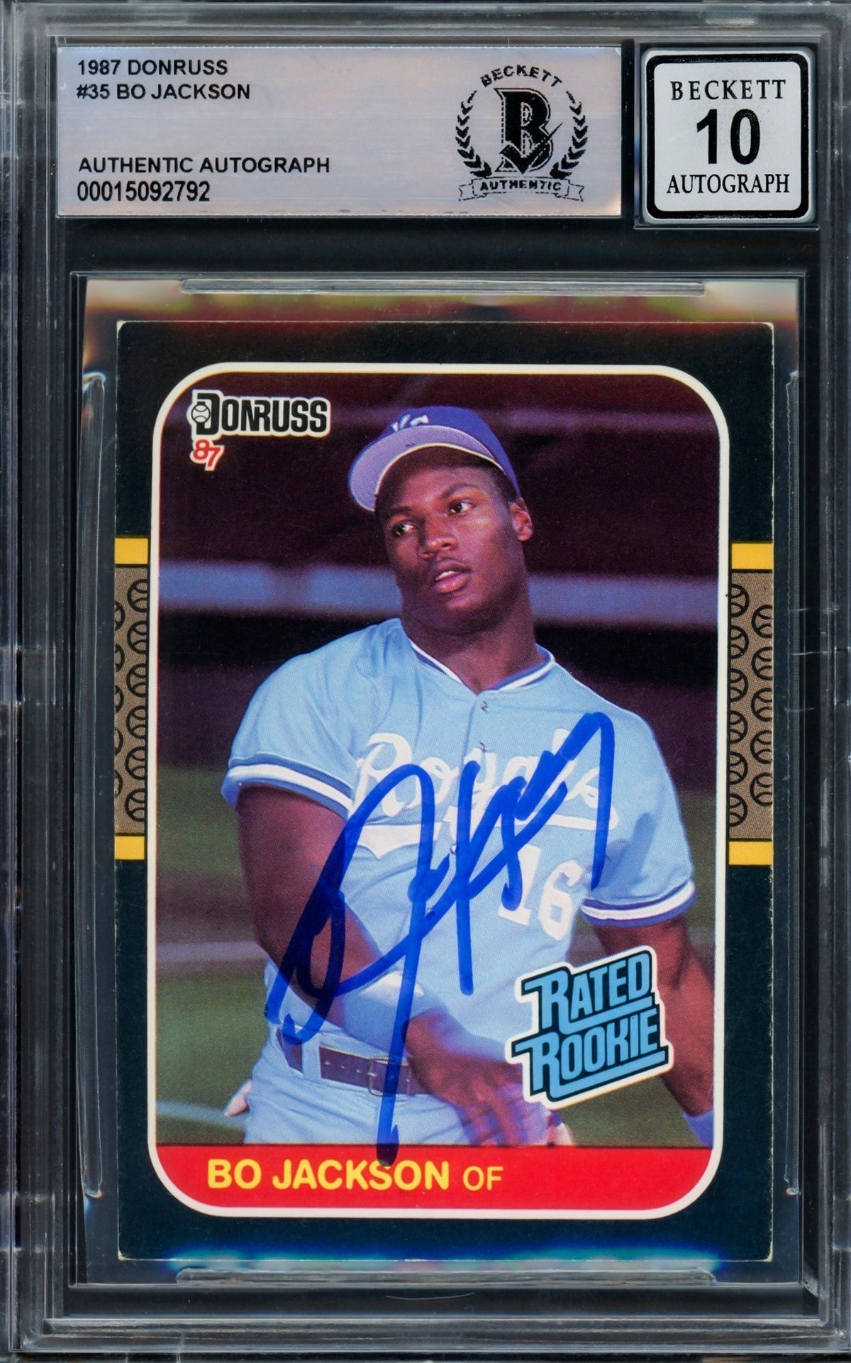 Bo Jackson Autographed 1987 Donruss Rookie Card #35 Kansas City Royals Auto Grade Gem Mint 10 Beckett BAS Stock #211043