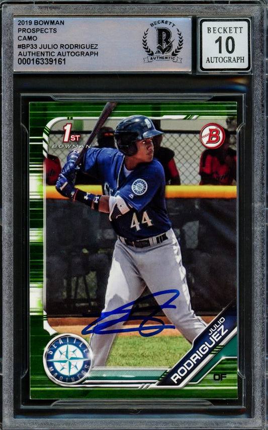 Julio Rodriguez Autographed 2019 Bowman Camo Green Rookie Card #BP33 Seattle Mariners Auto Grade Gem Mint 10 Beckett BAS