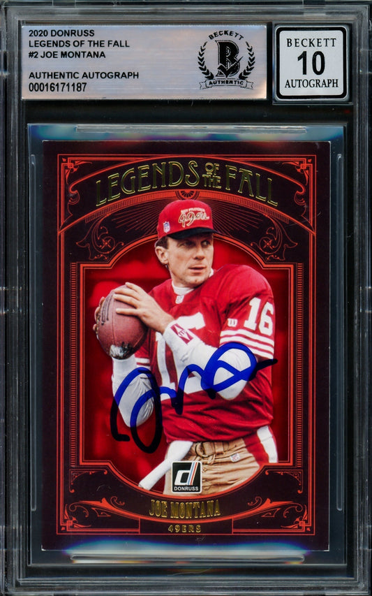 Joe Montana Autographed 2020 Donruss Card #LF-JM San Francisco 49ers Auto Grade Gem Mint 10 Beckett BAS #16171187